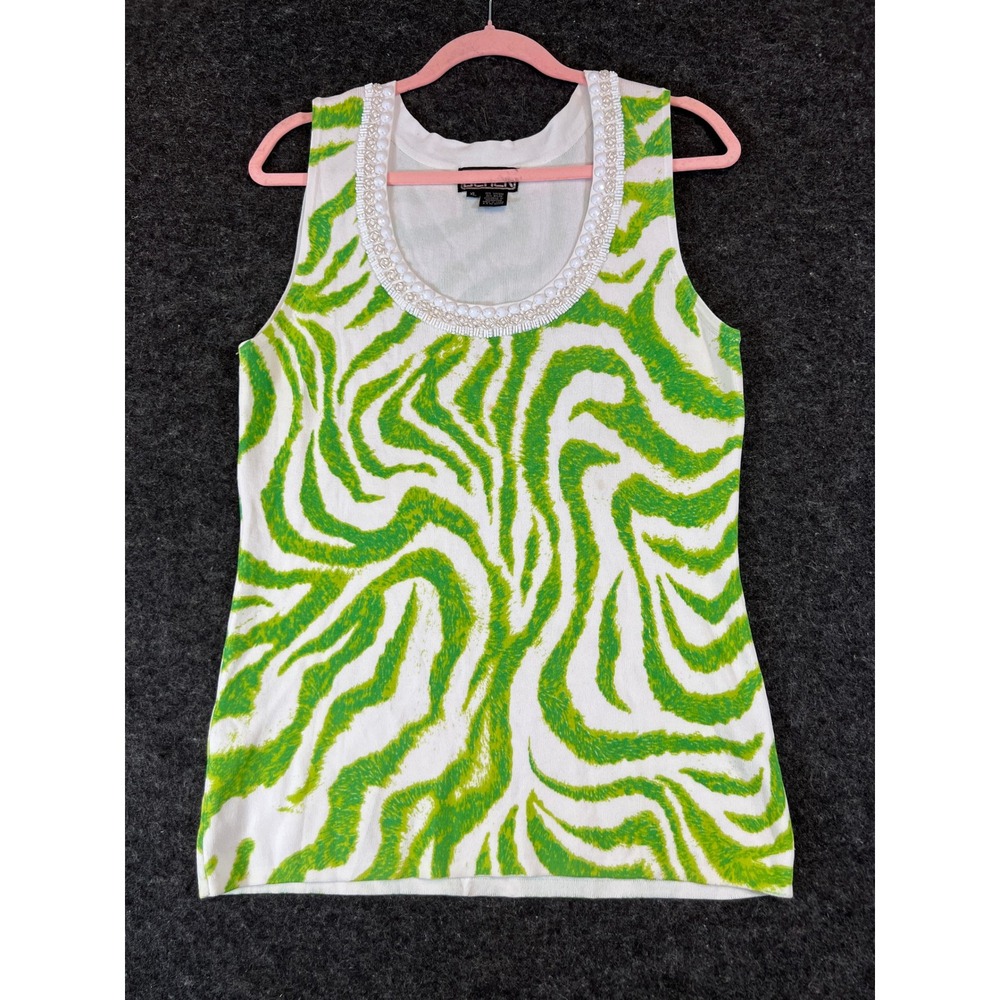 Berek Zebra Print Knit Tank Top Womens XL Lime Green White Pearl Beaded Neck